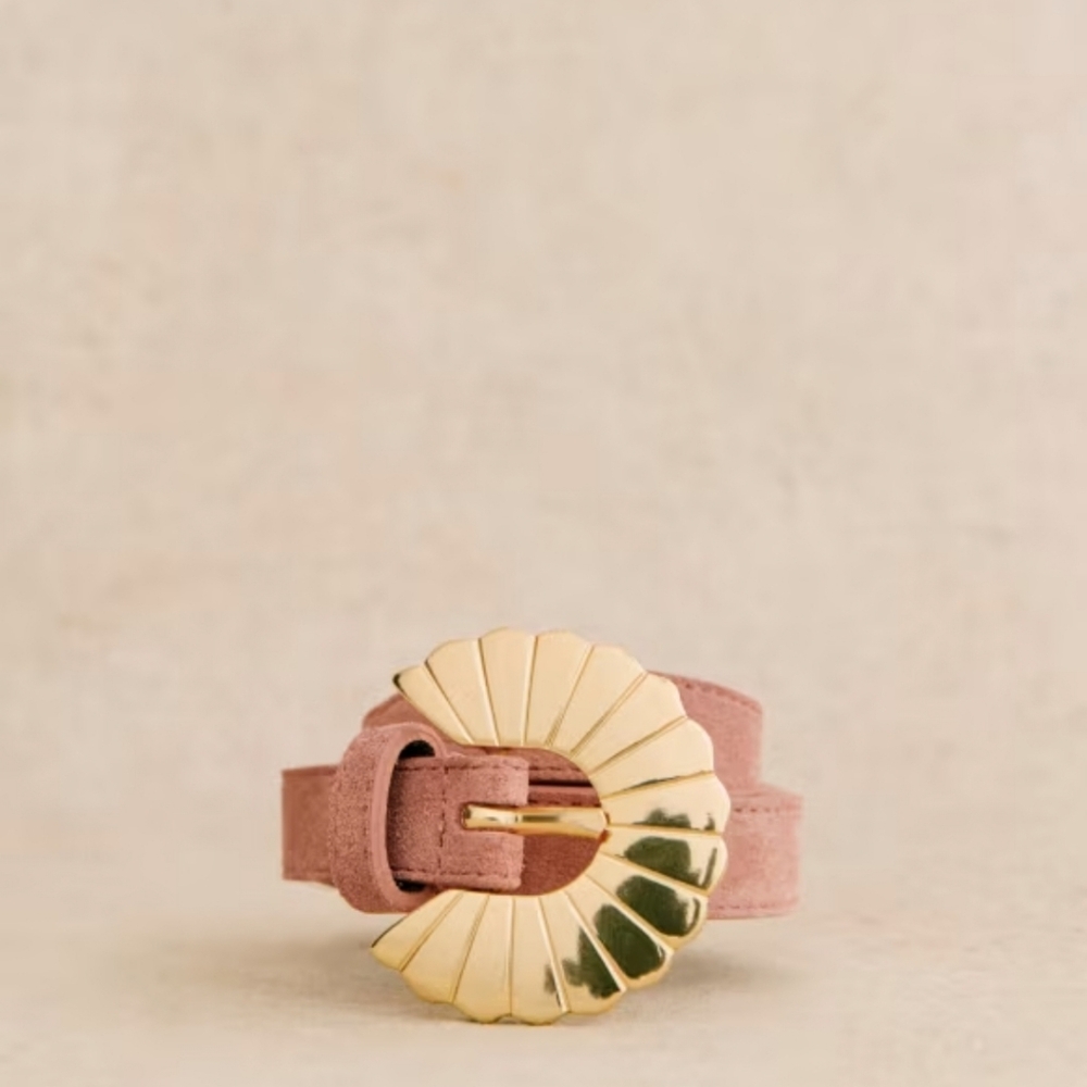 Sézane Pink Suede Belt with Gold Fan Buckle
